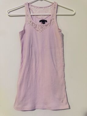 American Eagle Pink Ribbed Tank Top w/ Lace Overlay Neckline